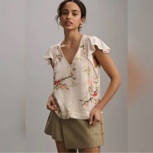 Tiny Anthropologie Embroidered sheet Floral V-Neck Ruffle Sleeve Top